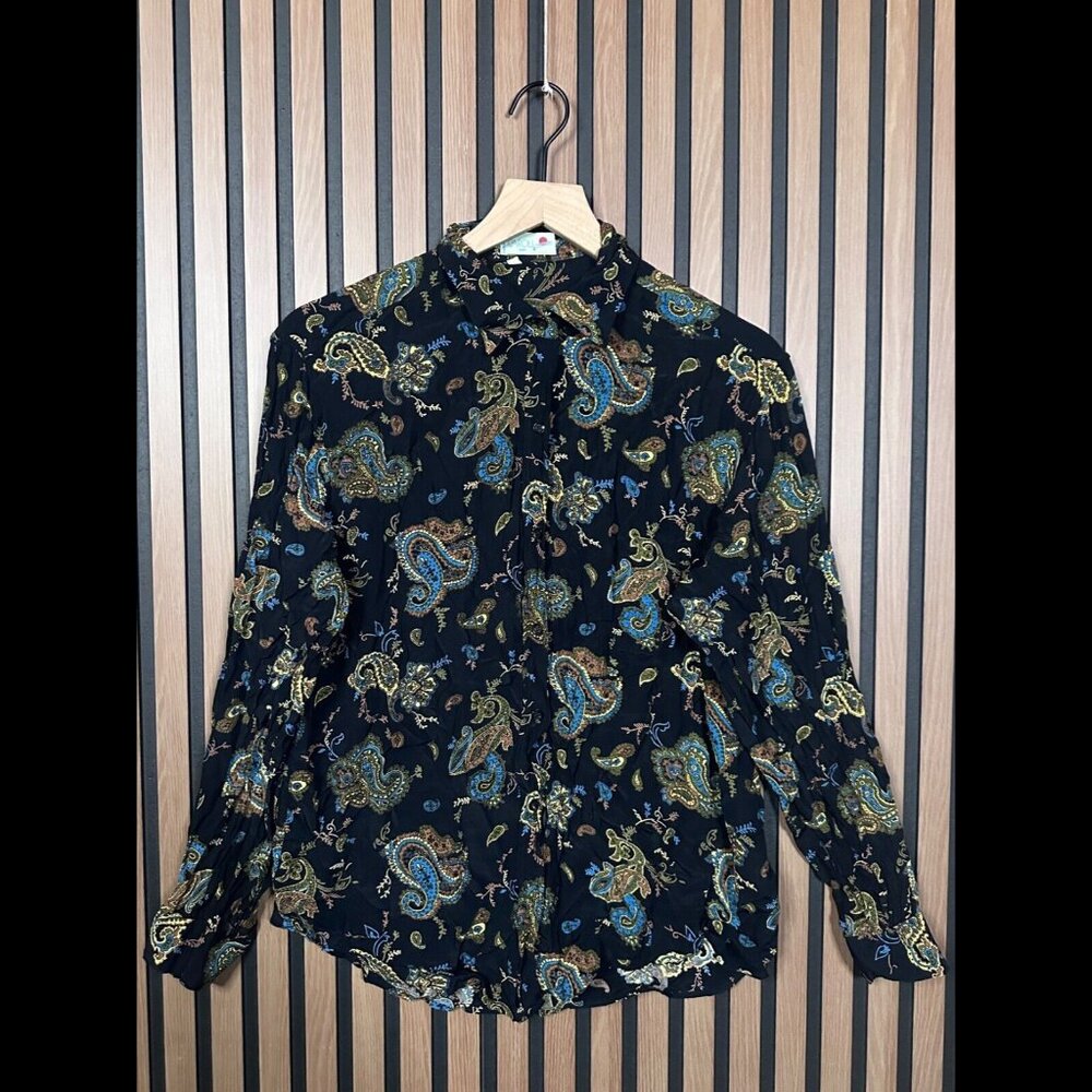 Vintage Caroll Paris Blouse 2 / US Medium Black Paisley Long Sleeve Button Shirt